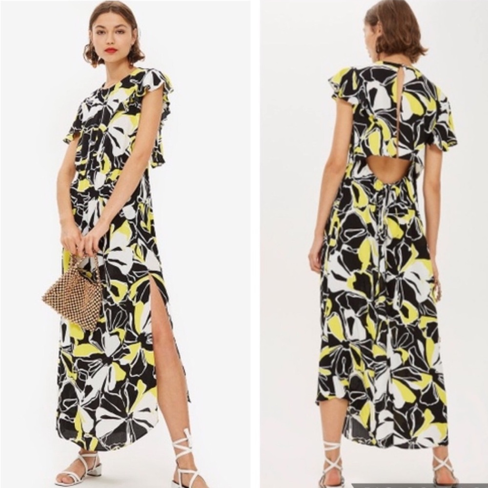 TOPSHOP RARE BACKLESS BLACK YELLOW WHITE FLORAL PRINTED MAXI DRESS SIZE US 10